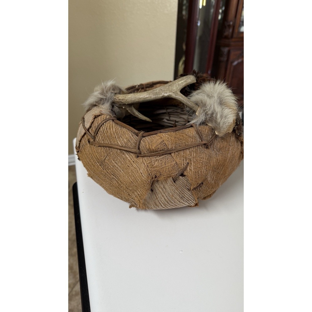 Southwestern Native American Hand Woven Deer Antler Fur Feathers Bark 10" Basket